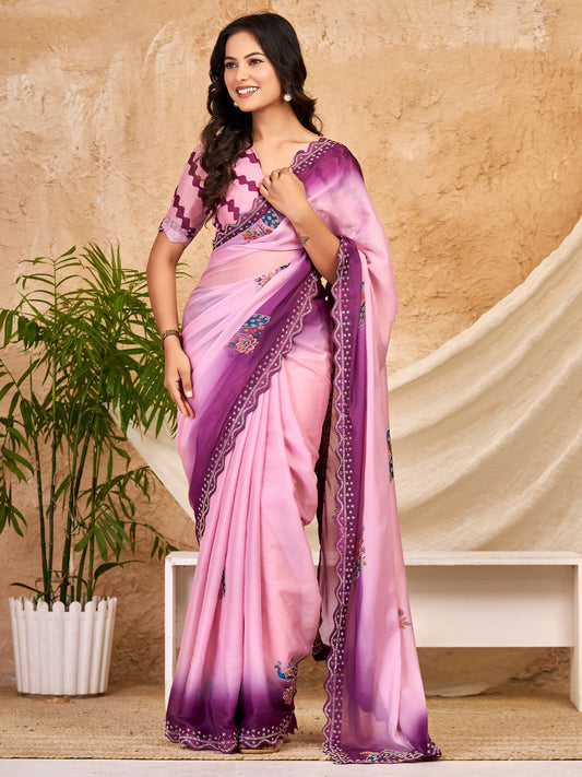 Woman wearing lavender georgette saree with peacock motif design and lavender blouse