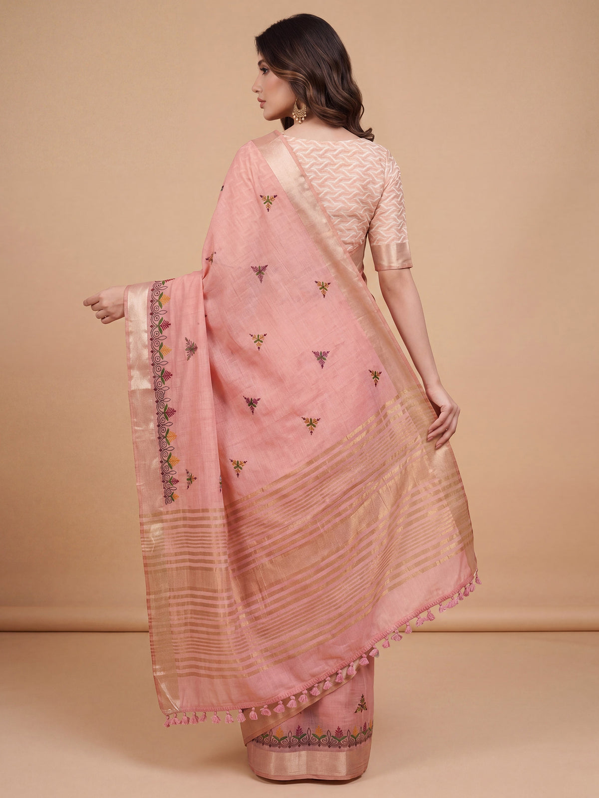 Pink Cotton Linen saree – detail view 1