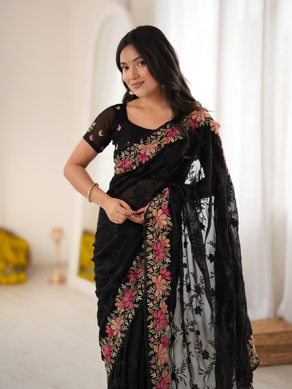 Black Georgette saree – detail view 3