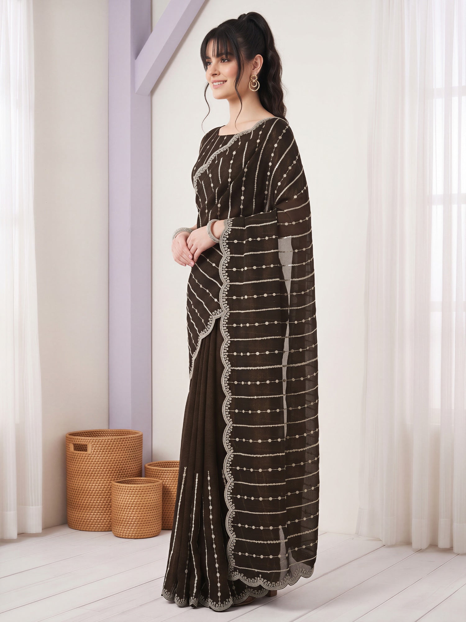 Olive Chiffon saree – detail view 2