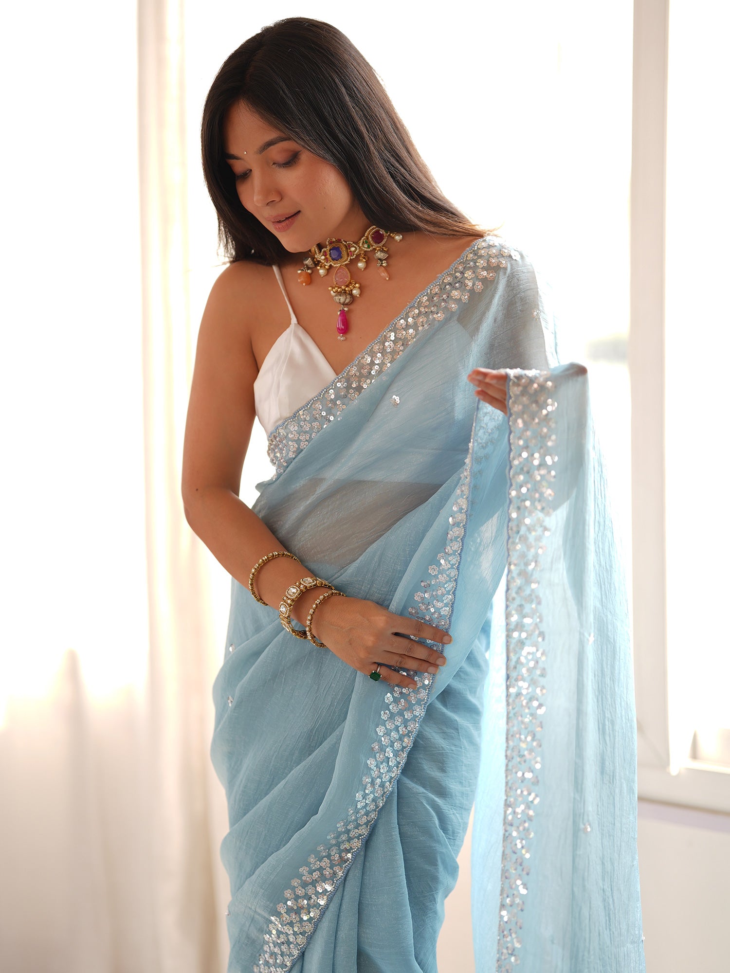 Light Blue Georgette saree – detail view 4