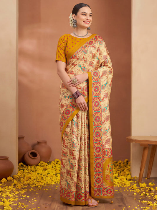 Woman wearing mustard silk blend saree with metallic foil print work and mustard blouse