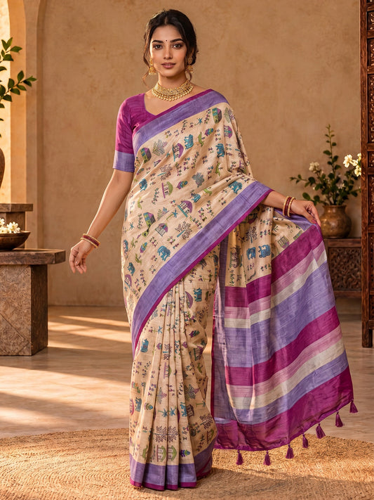 Peach tribal soft silk saree with purple blouse piece