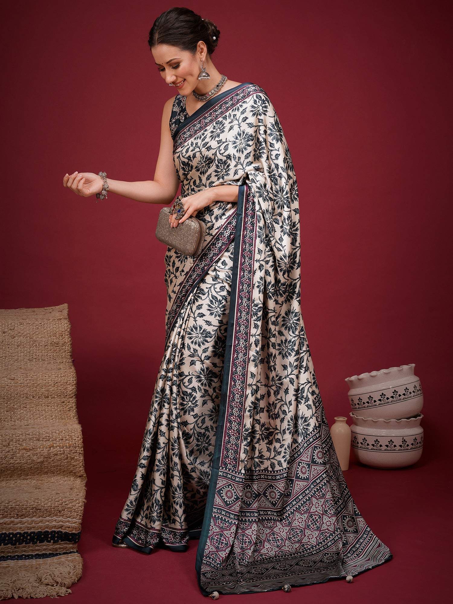 Cream Satin saree – detail view 2