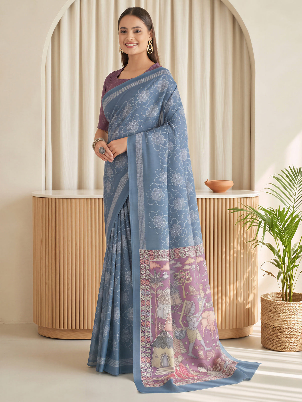 Teal Blue Linen Blend saree – detail view 2
