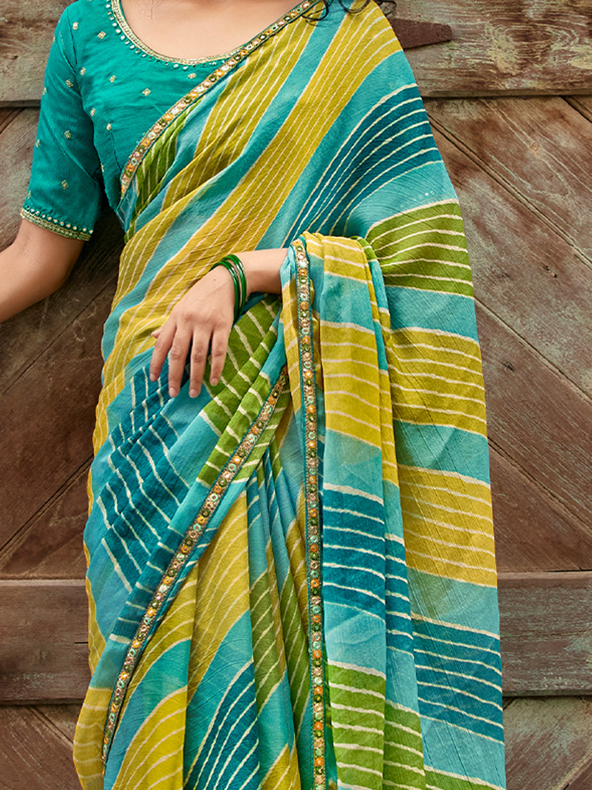 Teal Green georgette saree view 3