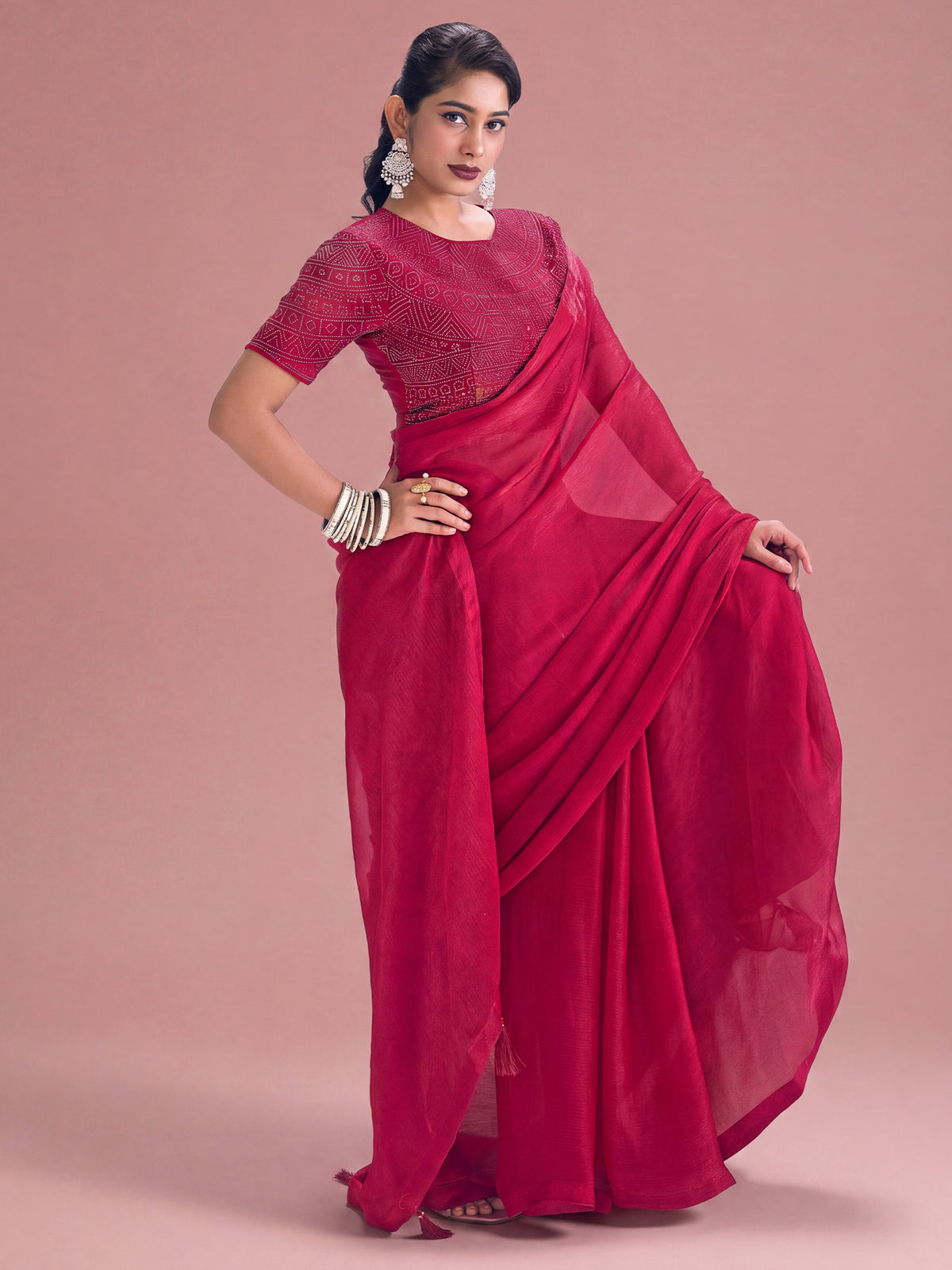 Pink Satin Silk saree – detail view 3