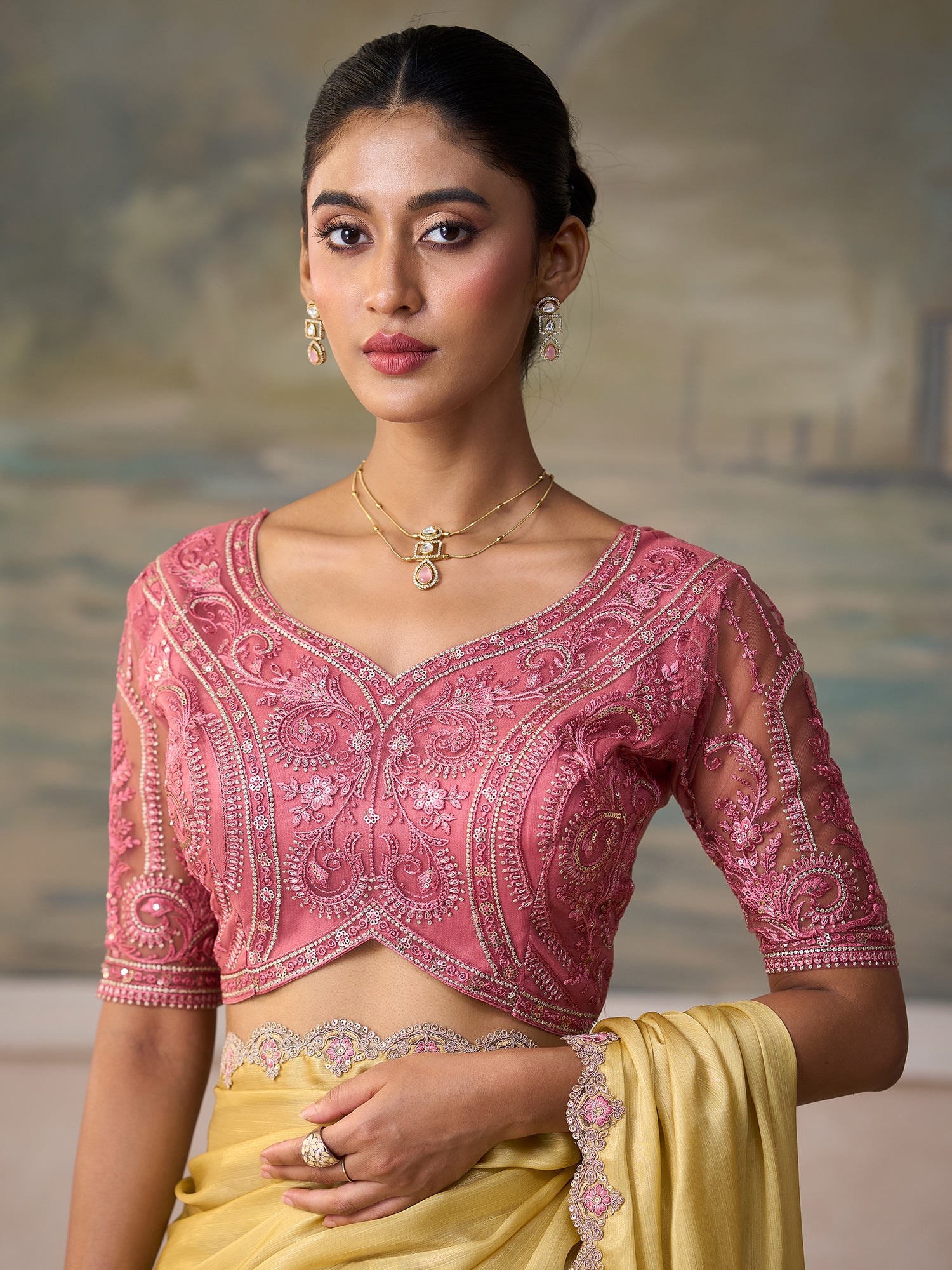 Unstitched pink tussar silk blouse piece with embellished design