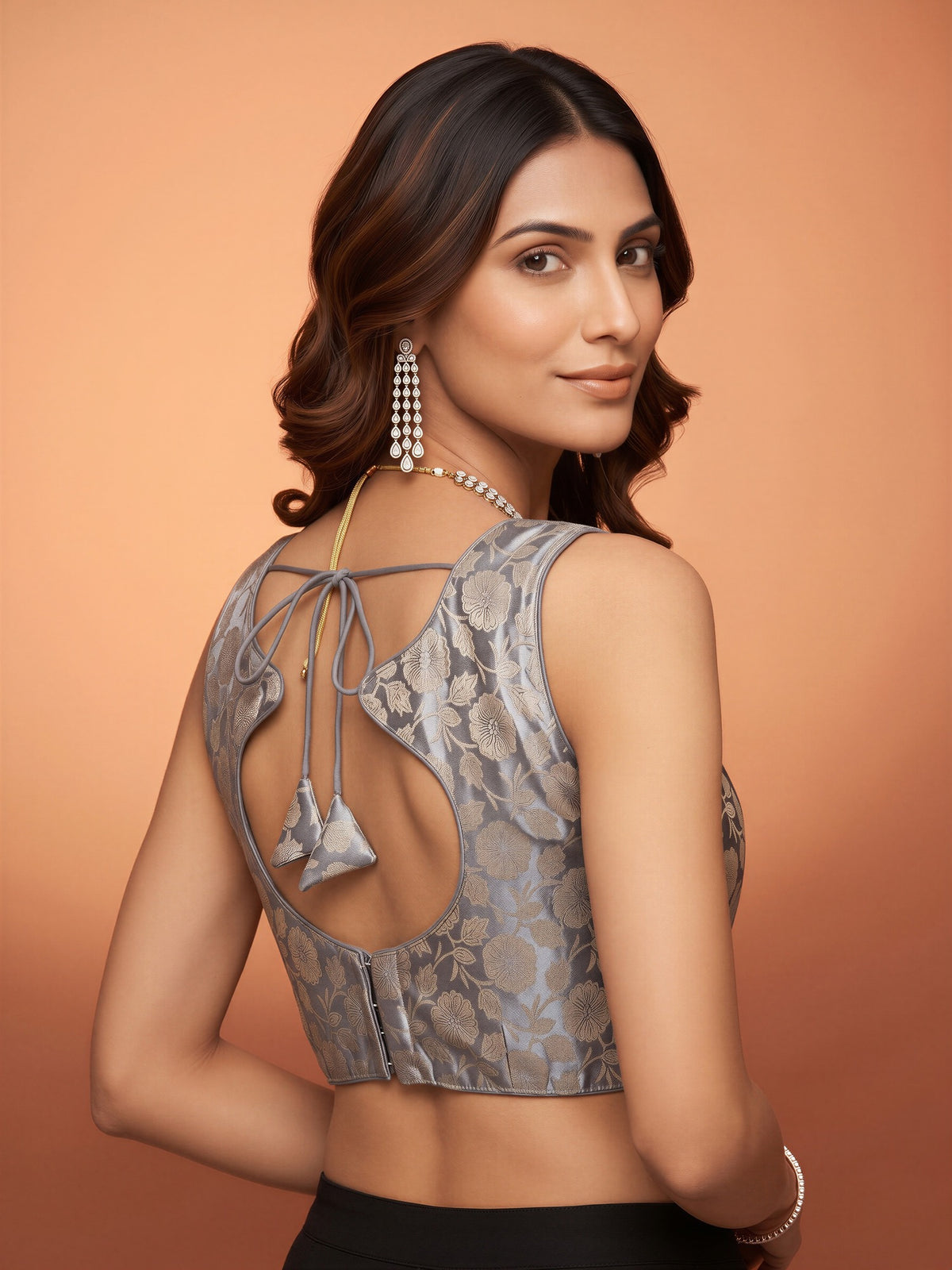 Silver woven brocade silk blend sleeveless readymade saree blouse with round neck view 1