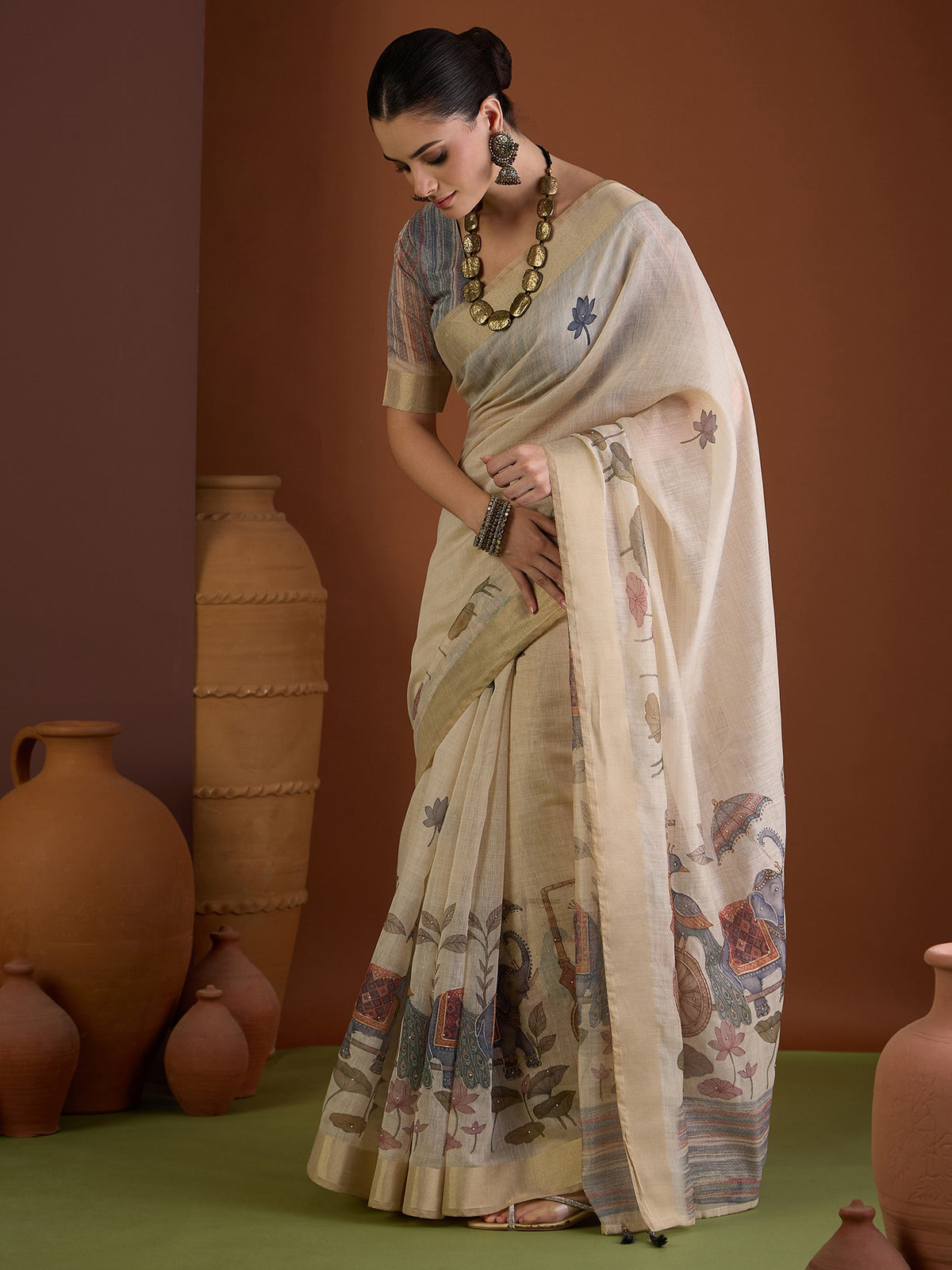 Beige linen blend saree view 2