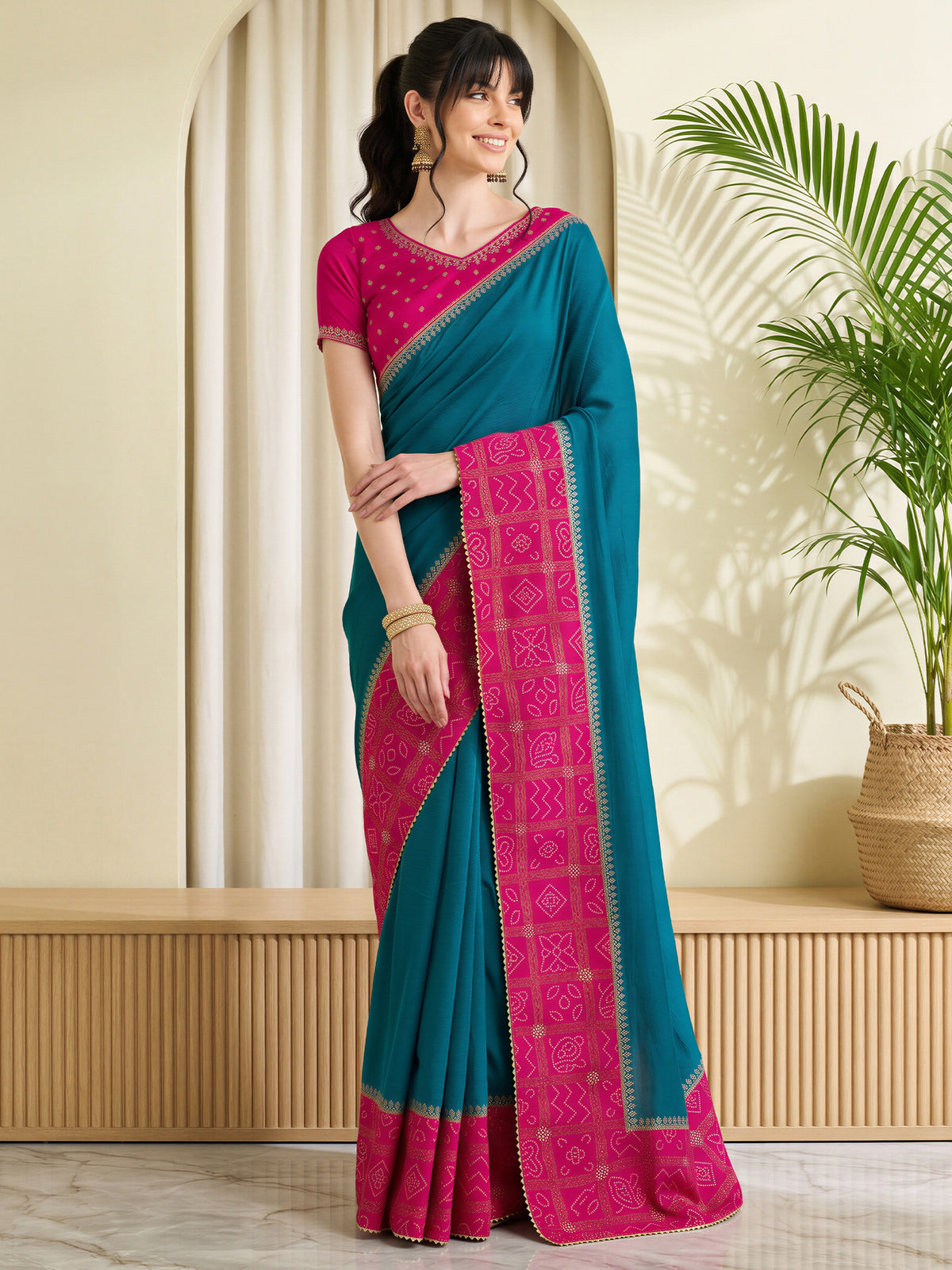 Teal Blue Vichitra Silk saree – detail view 3