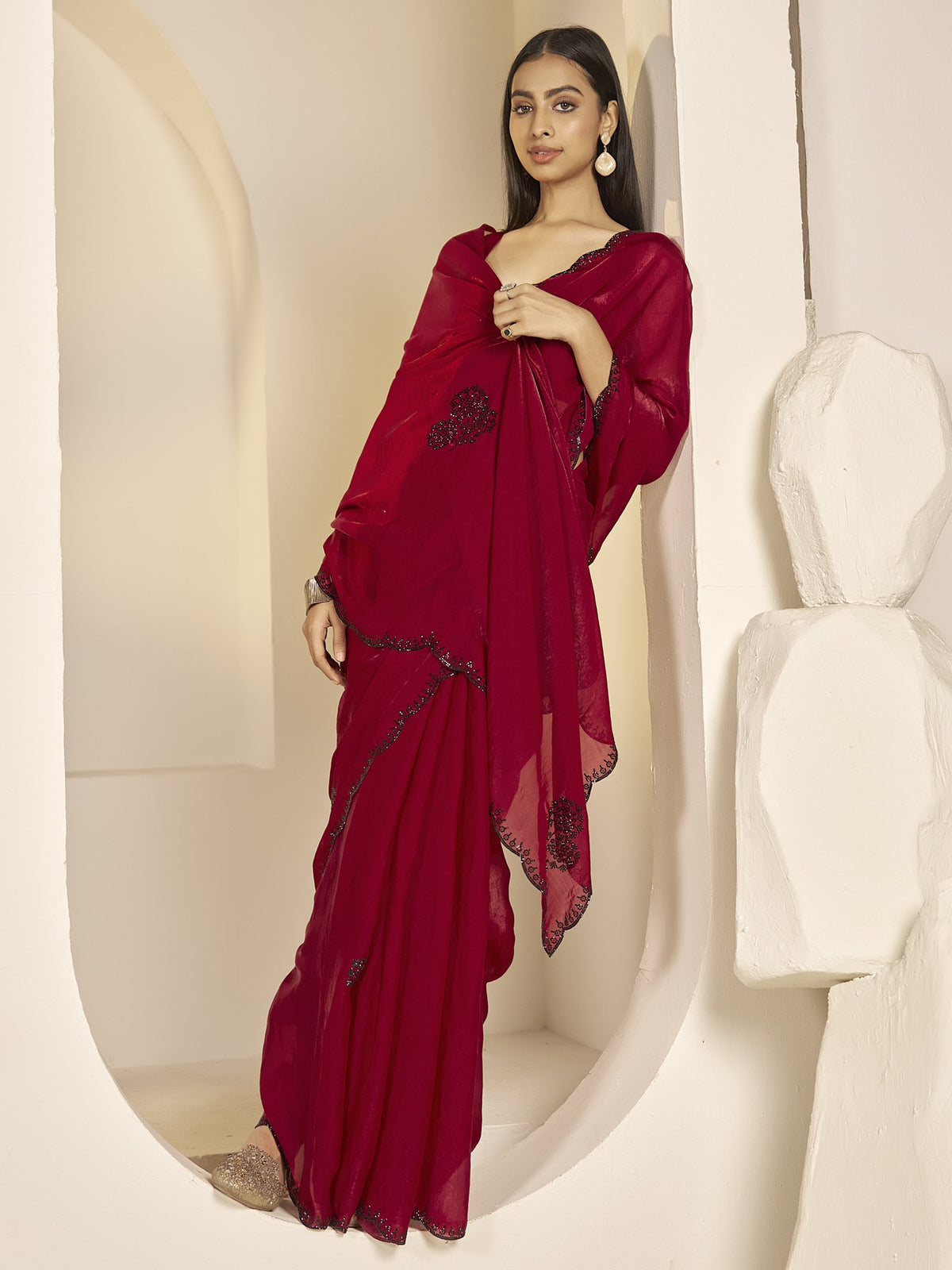 Red satin silk saree view 3