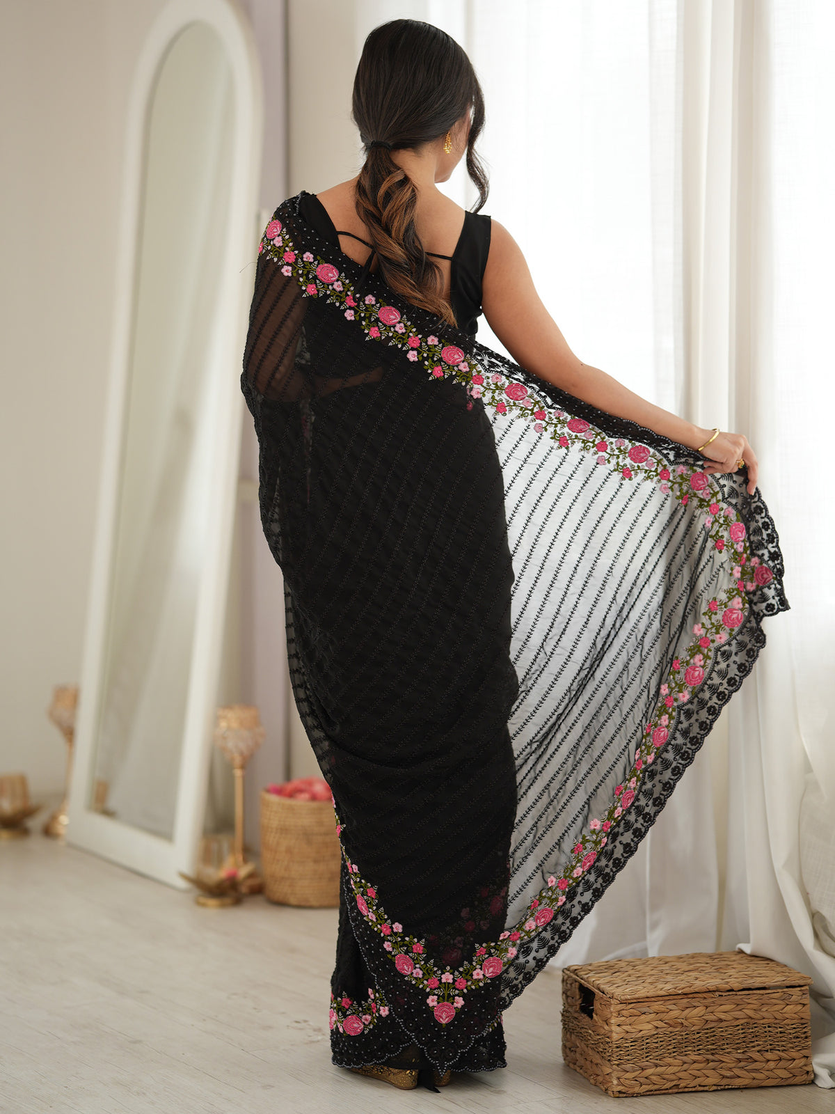 Black Georgette saree – detail view 1