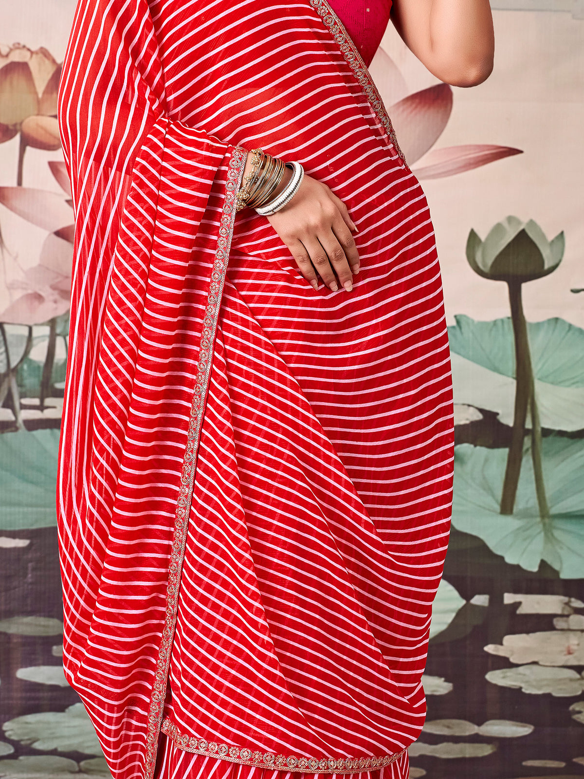 Red Georgette saree – detail view 4