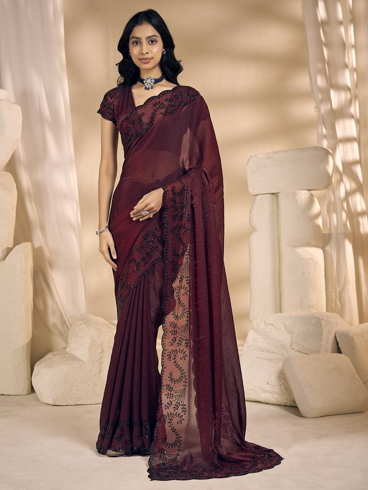 Maroon embellished satin silk saree with maroon blouse piece