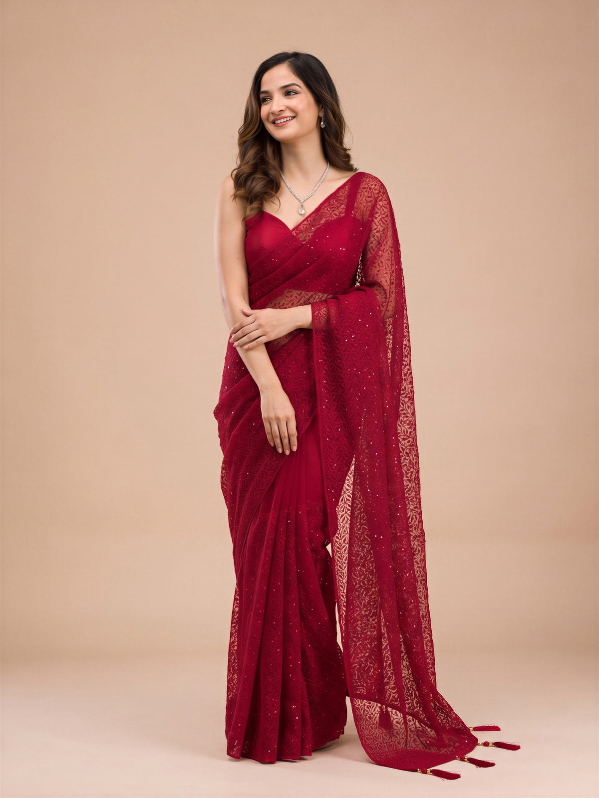 Maroon Net saree – detail view 3