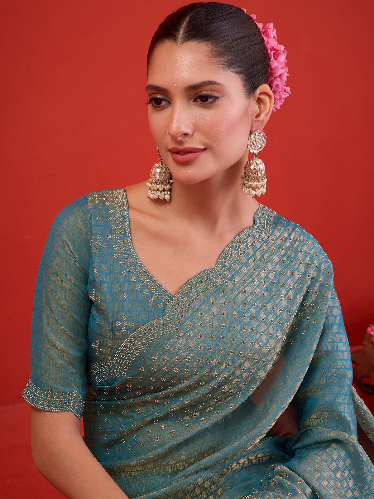 Light Blue Satin saree – detail view 5