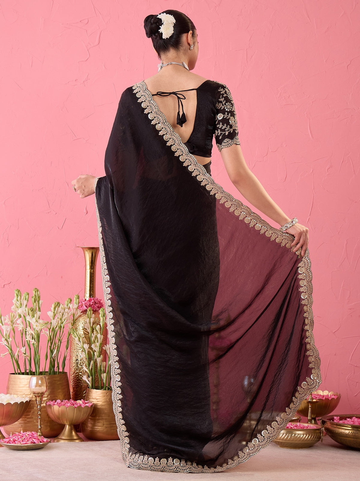 Black Satin saree – detail view 6
