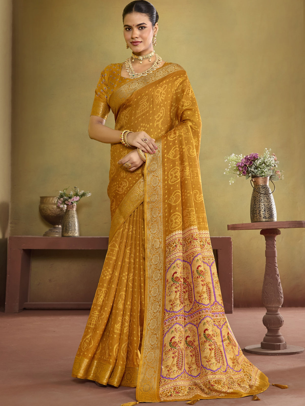 Mustard ethnic motif tussar silk saree with mustard blouse piece
