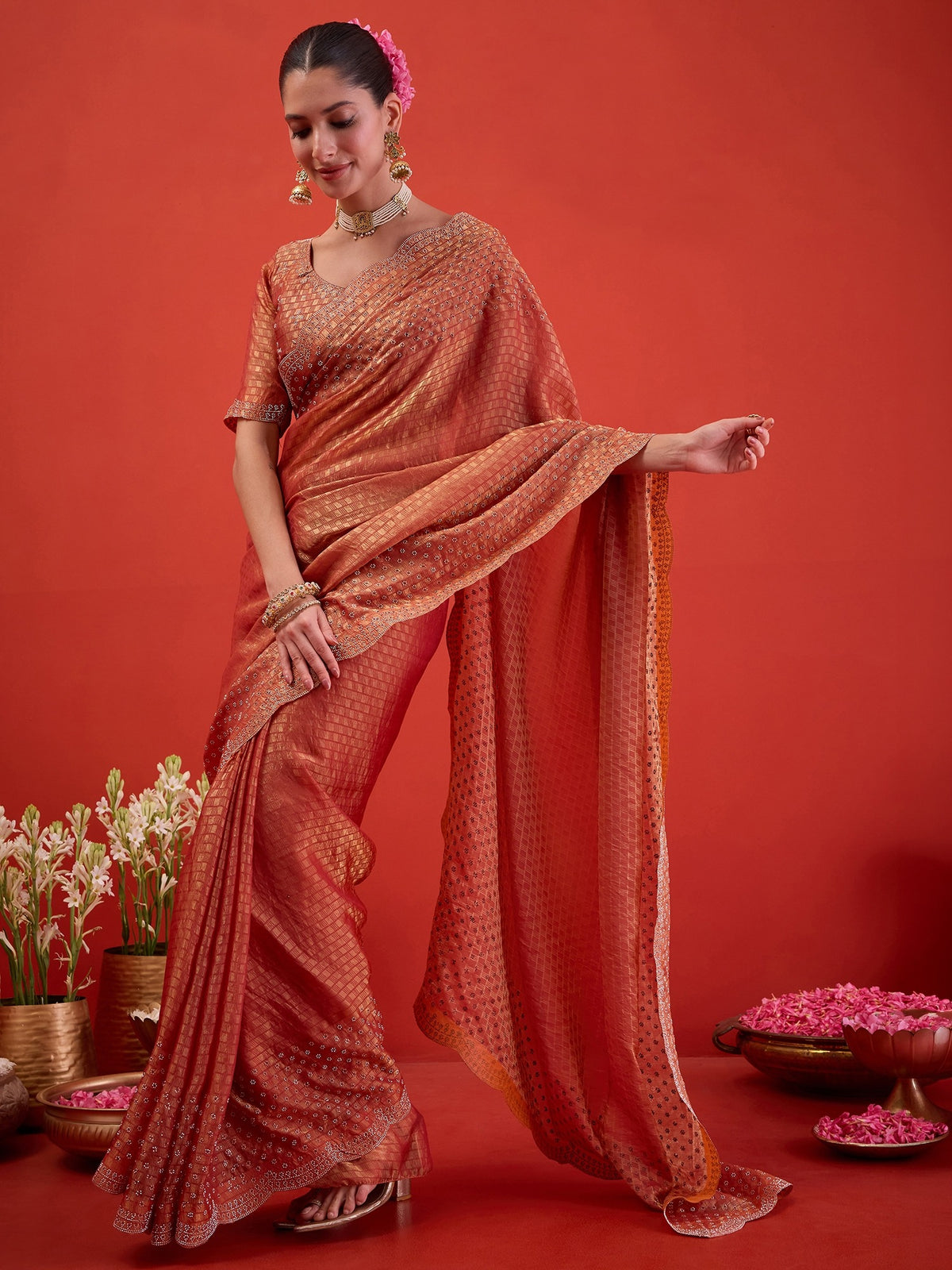 Peach Satin saree – detail view 2