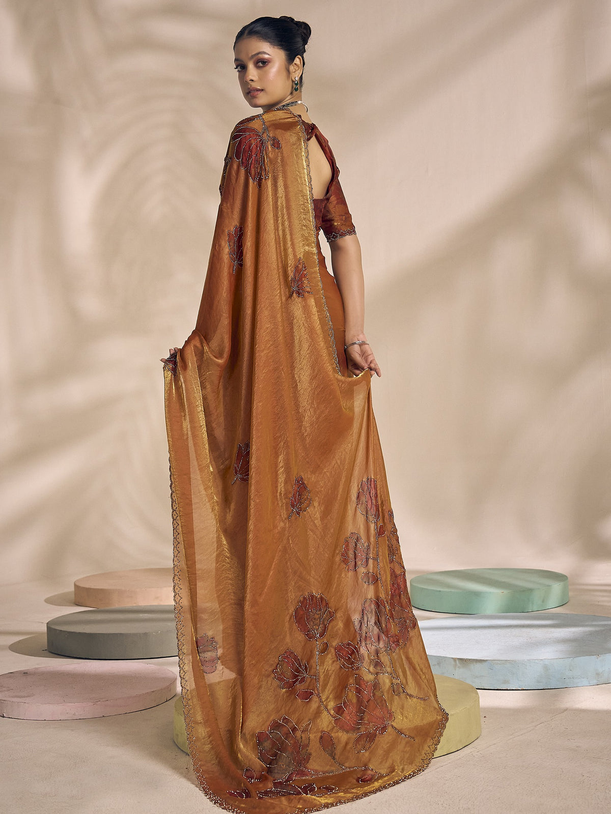 Bronze satin silk saree view 3