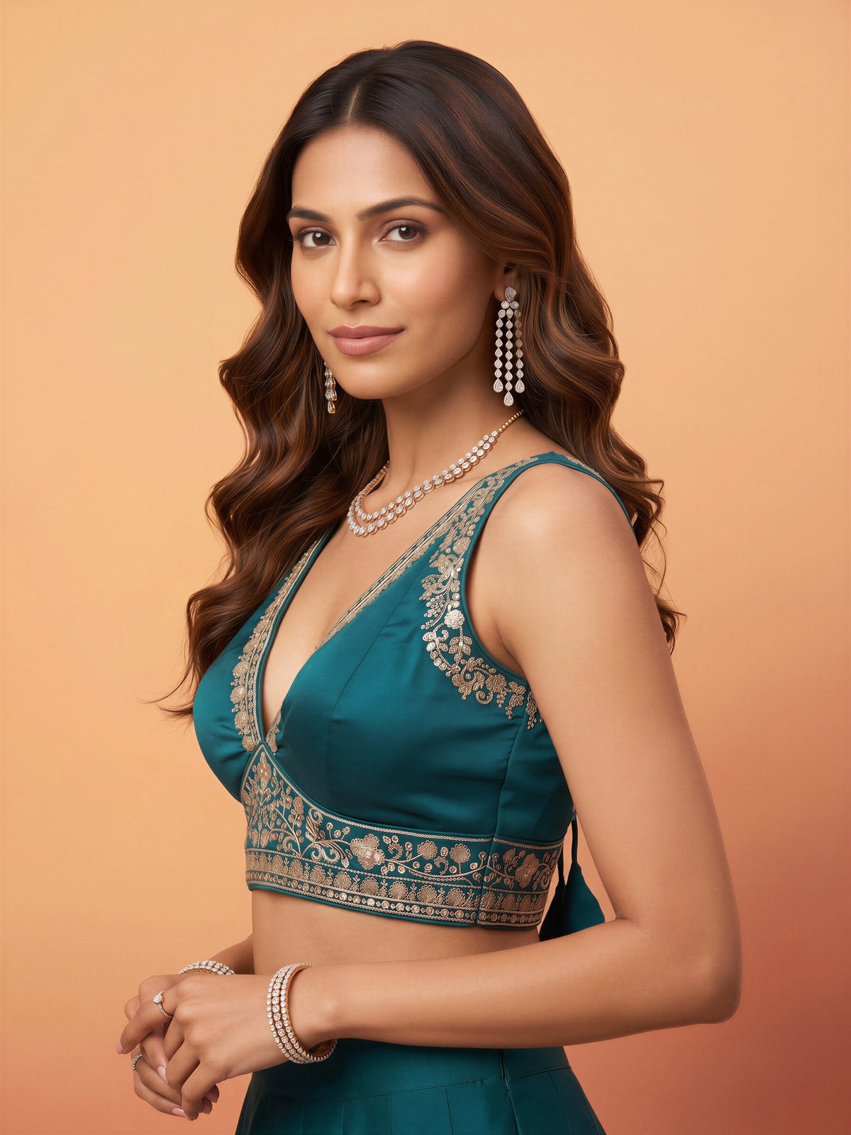 Teal Blue sequin embellished silk blend sleeveless readymade saree blouse with deep v neck view 2