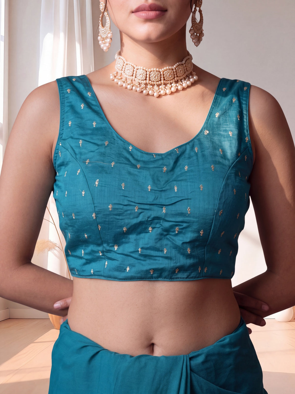 Teal Blue sequin embellished silk blend sleeveless readymade saree blouse with round neck view 2