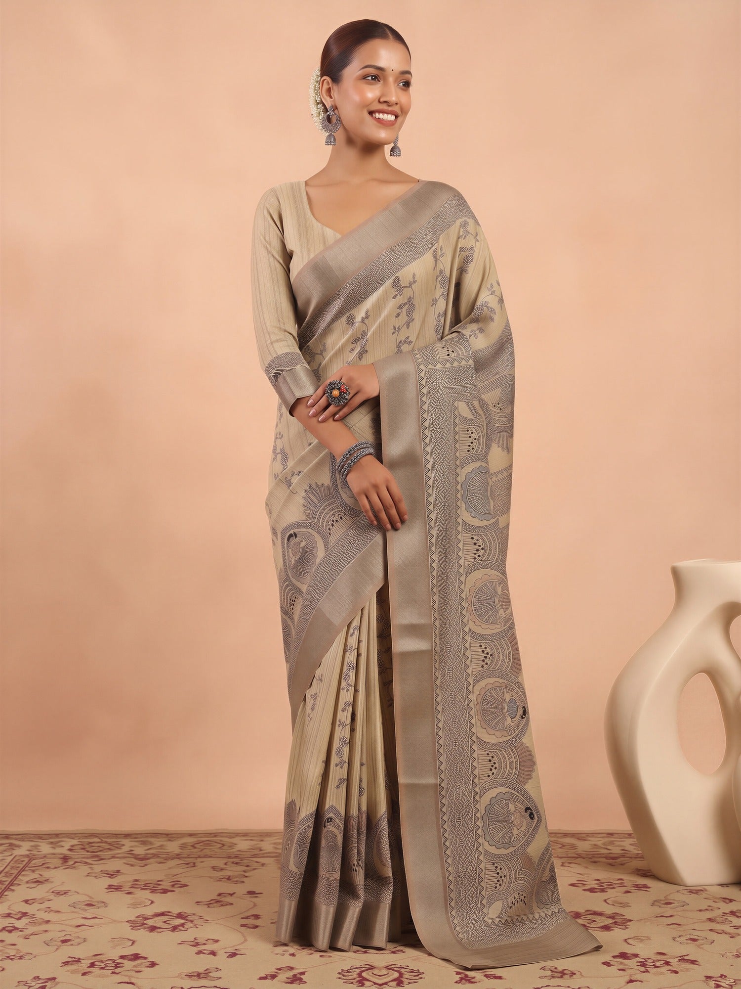 Cream Satin Silk saree – detail view 3