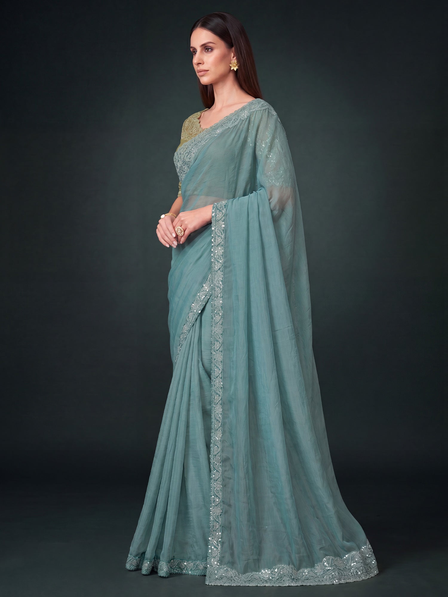 Turquoise Pure Georgette saree – detail view 2
