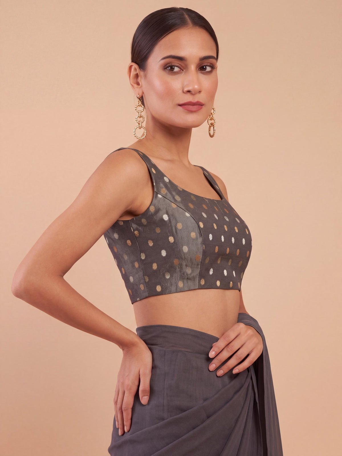 Olive zari woven georgette sleeveless readymade saree blouse with round neck view 4