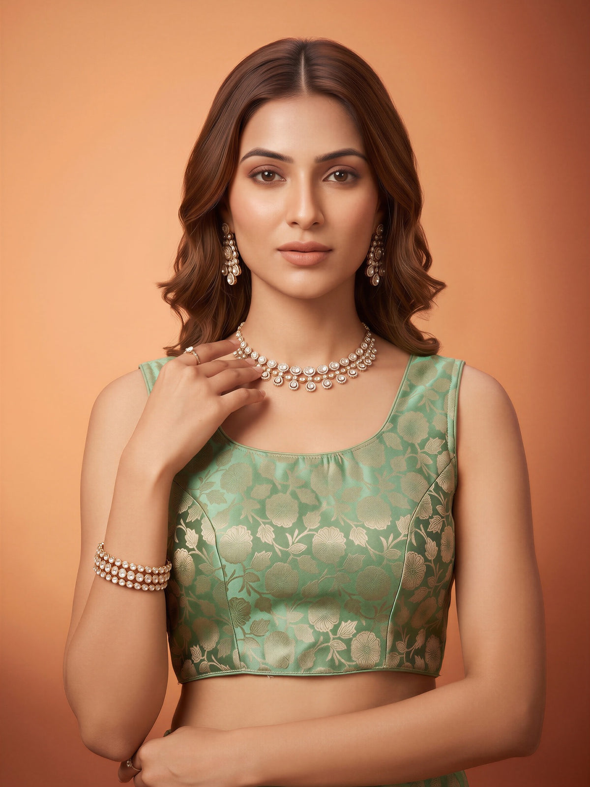Sea Green woven brocade silk blend sleeveless readymade saree blouse with round neck view 3