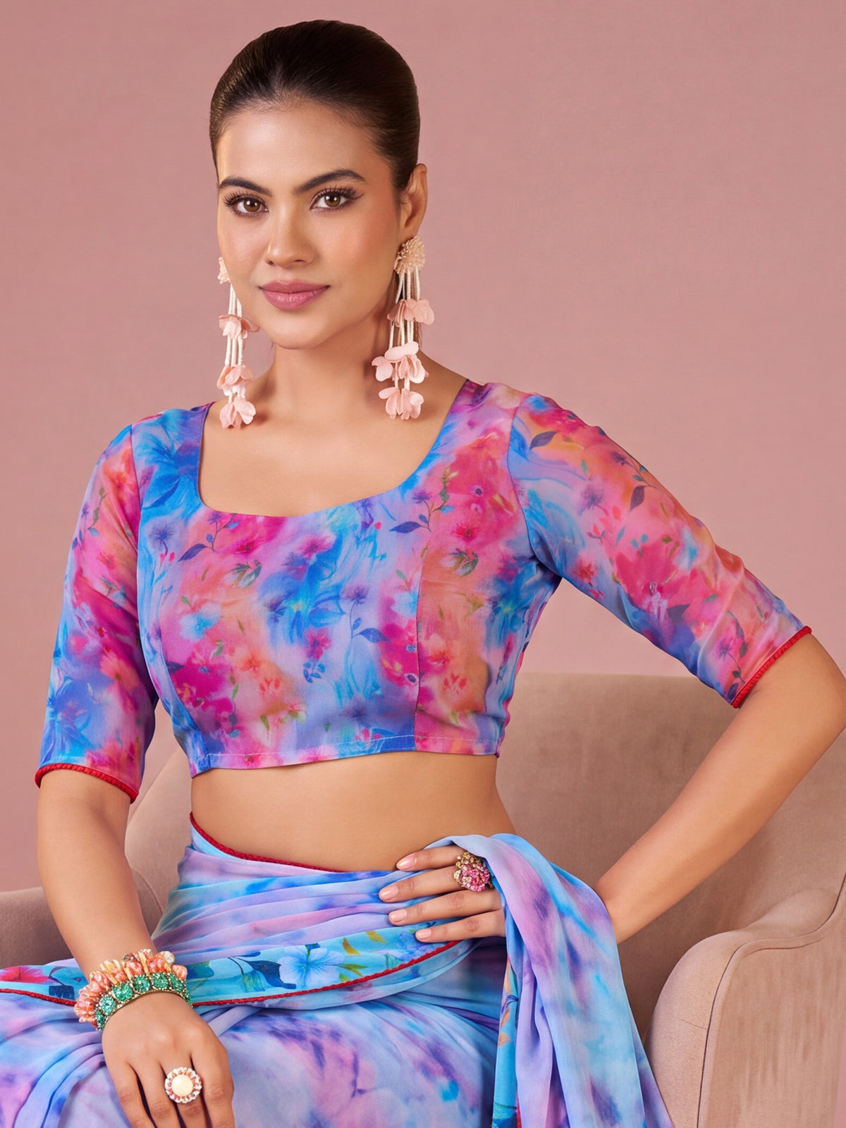 Unstitched multicolored georgette blouse piece with floral design