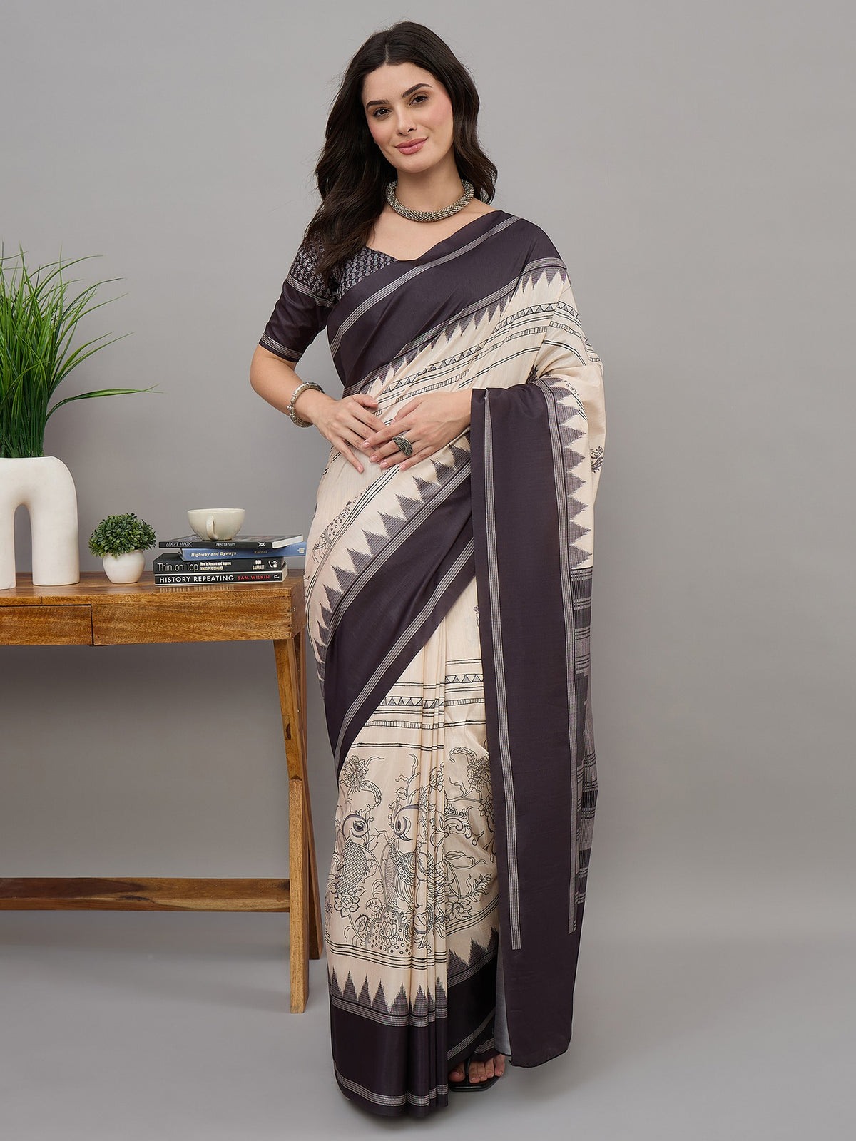 Off White kalamkari soft silk saree with black blouse piece