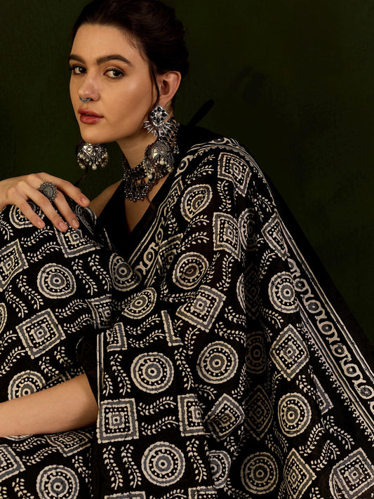 Black & Ivory Ajrakh Block Print Silk Saree