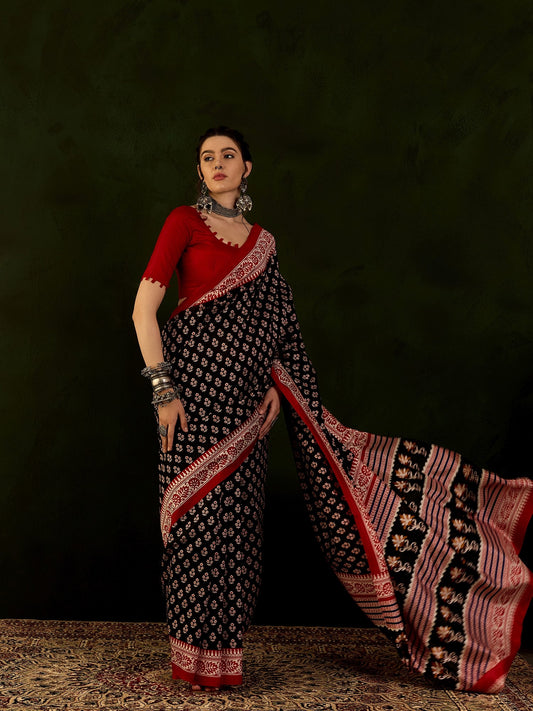 Midnight Black Bhagalpuri Silk Printed Saree