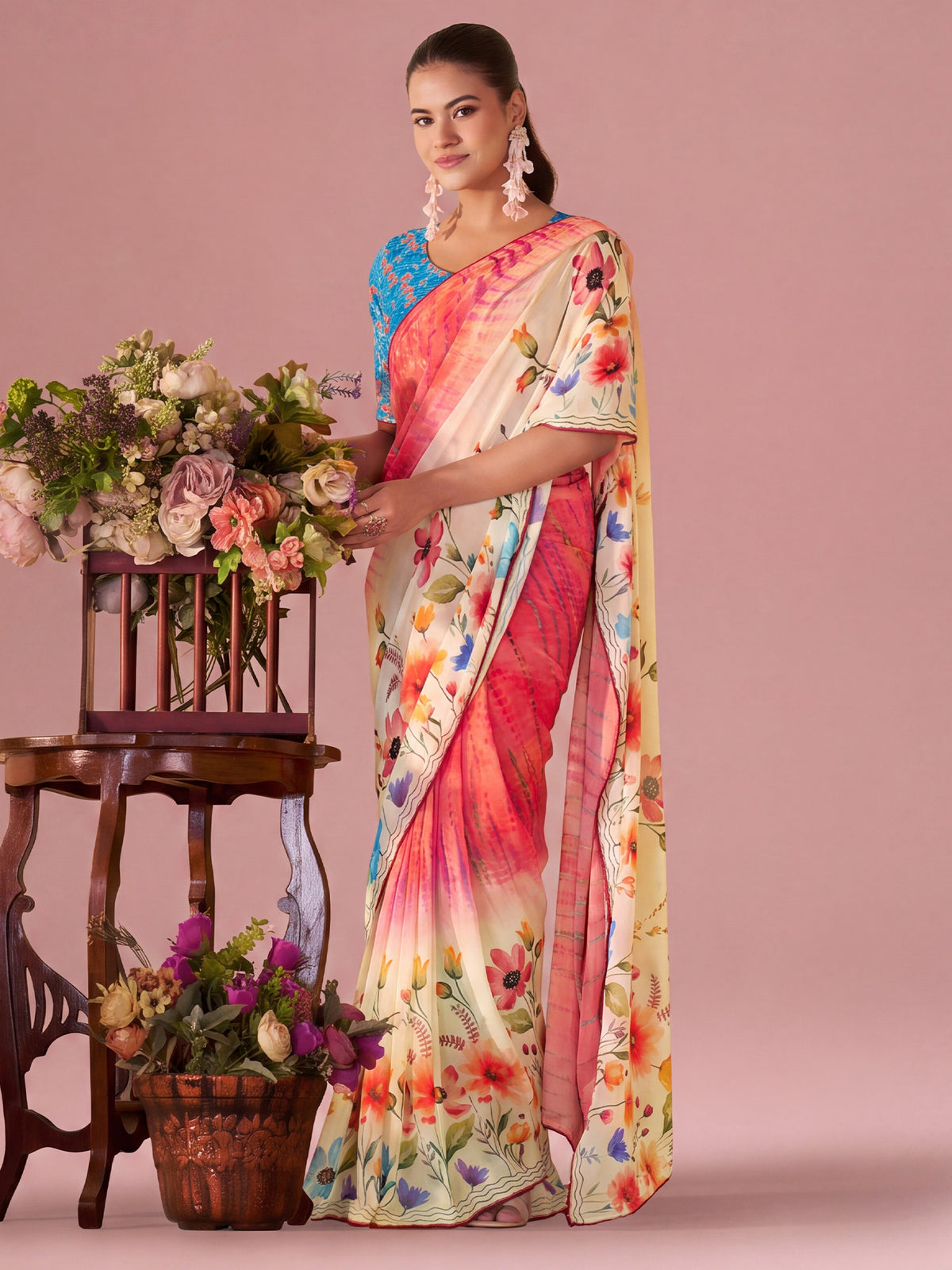 Pink Georgette saree – detail view 1