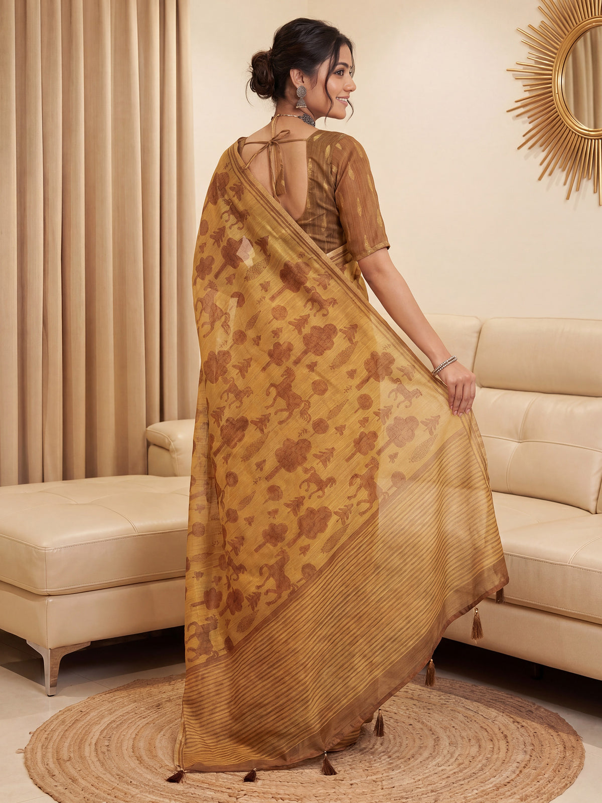 Camel Brown Cotton Linen saree – detail view 1