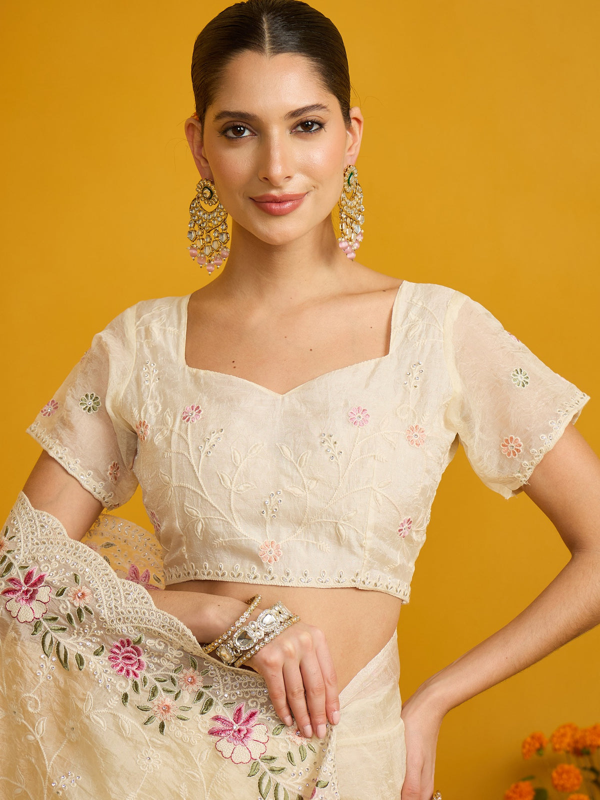 Cream Organza saree – detail view 5
