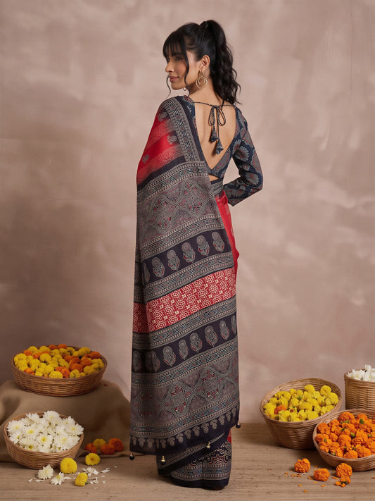 Red Viscose Silk saree – detail view 1