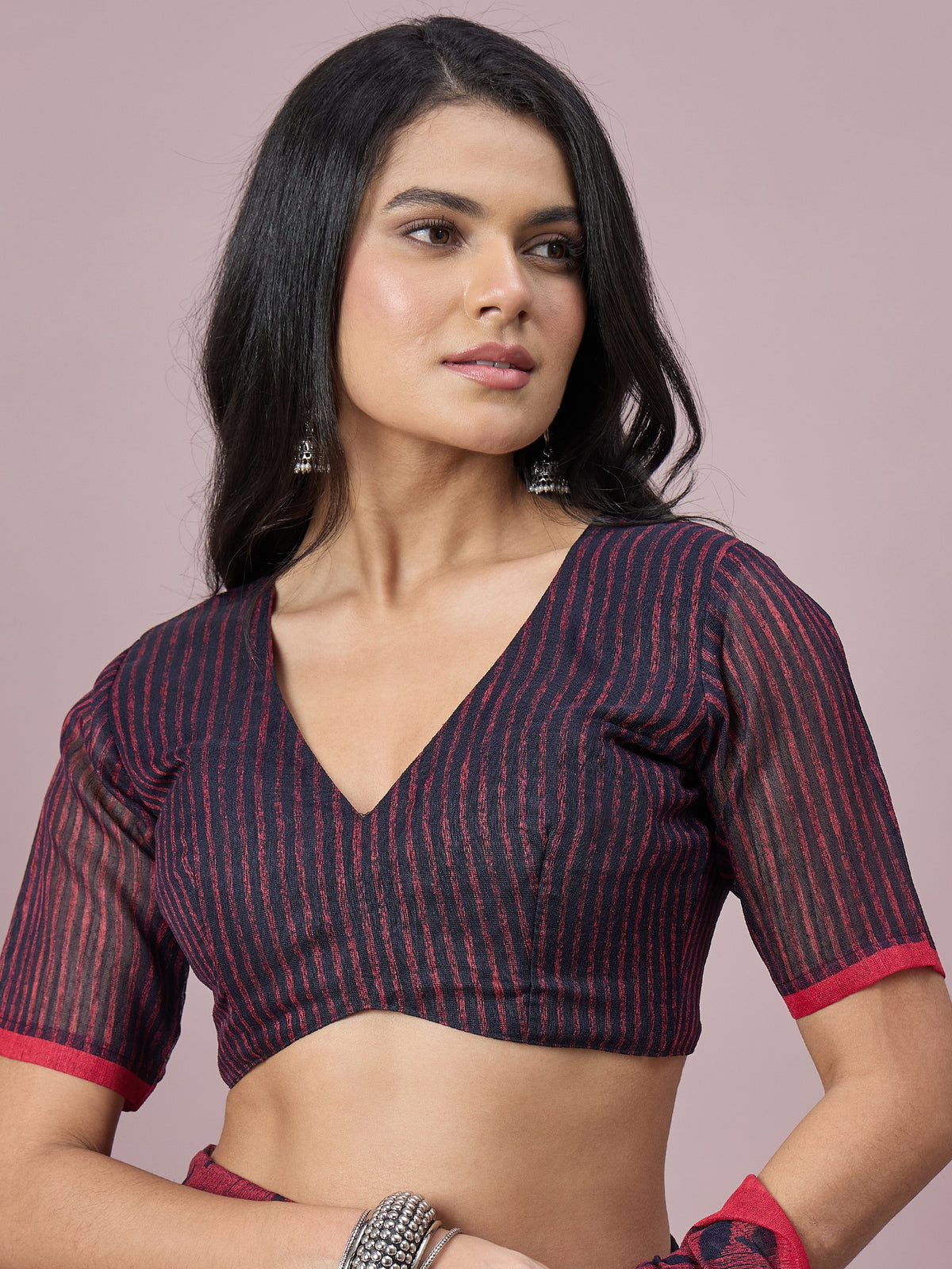 Navy Blue cotton slub saree view 6