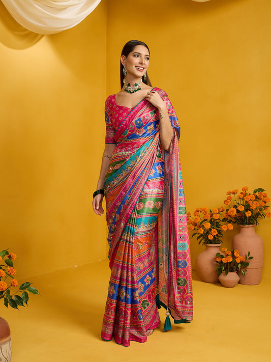 Woman wearing pink silk blend saree with ornamented surface design and pink blouse