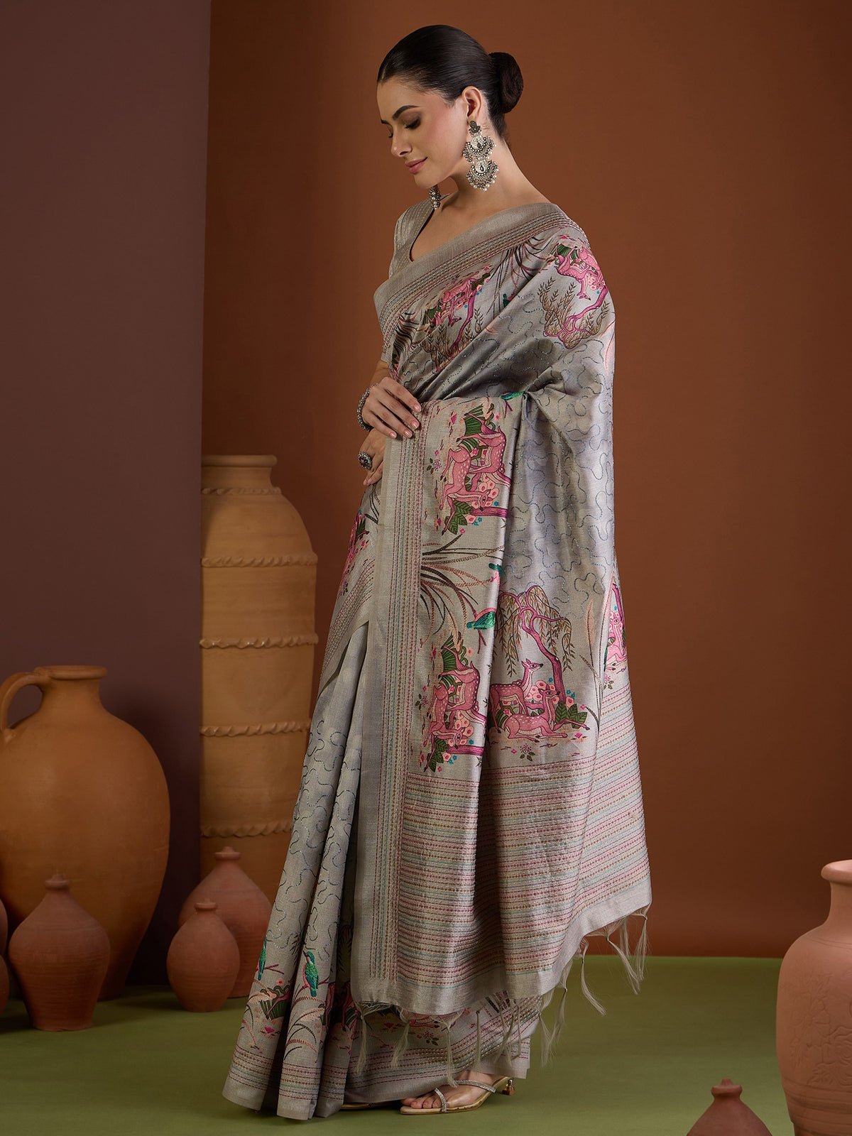 Charcoal Grey art silk saree view 3