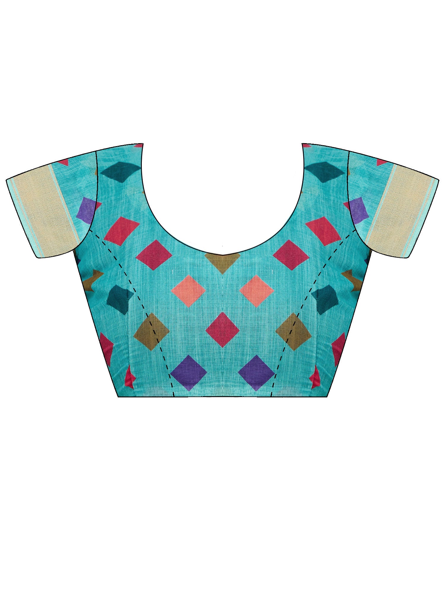 Unstitched turquoise linen blouse piece with geometric design