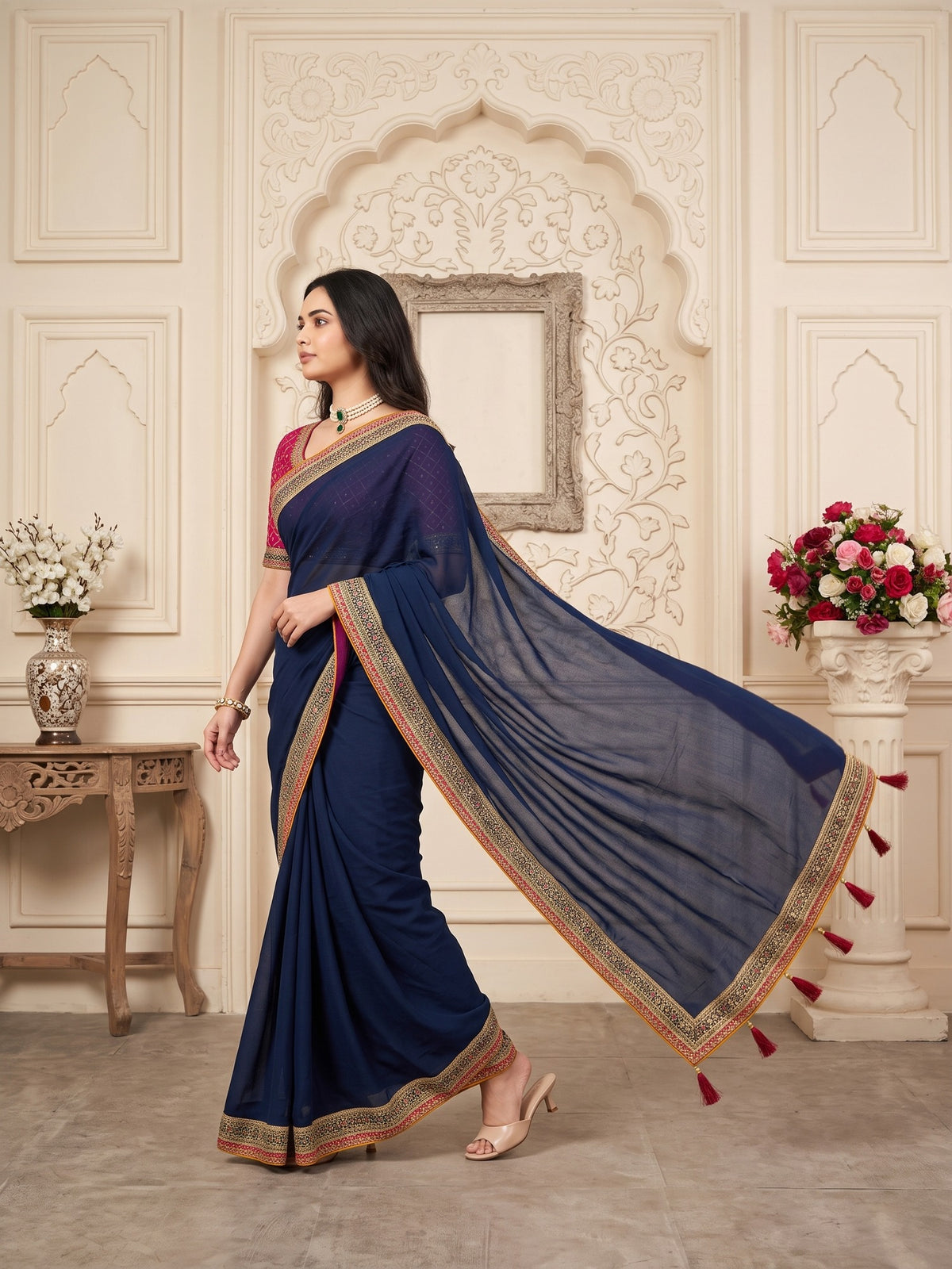 Teal Blue Vichitra Silk saree – detail view 3