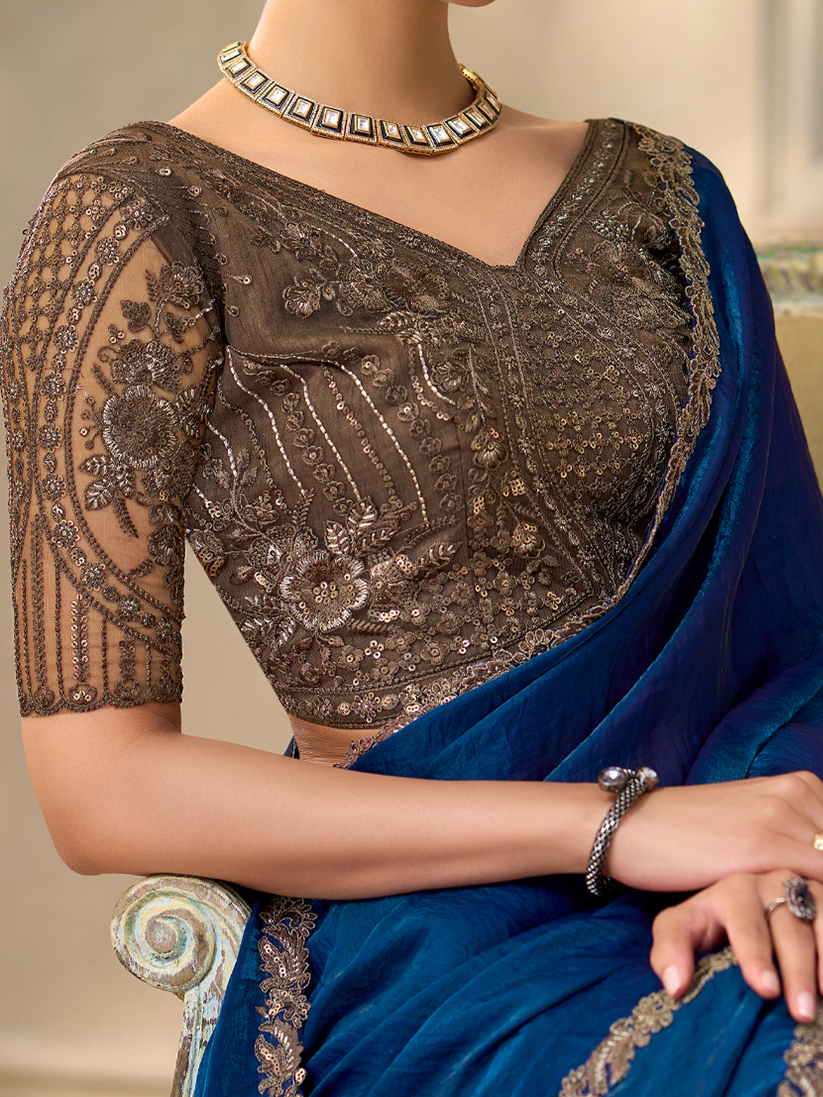 Blue Satin Silk saree – detail view 3