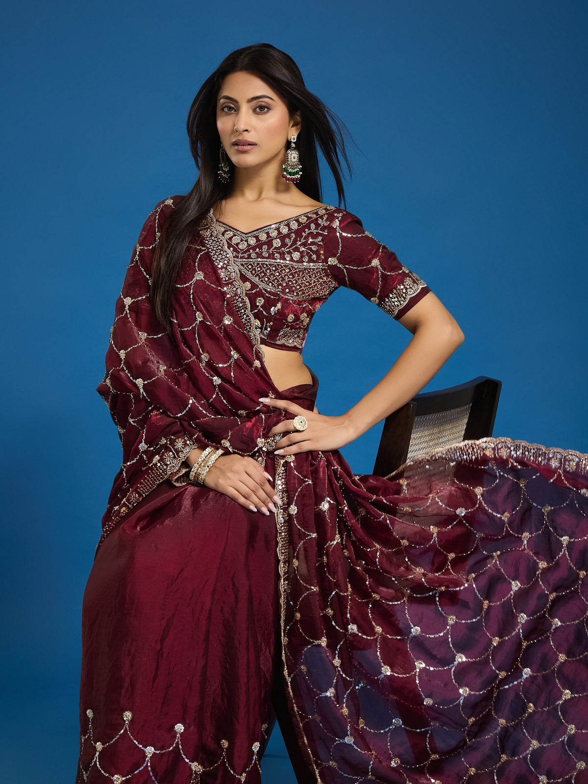 Maroon Satin saree – detail view 2