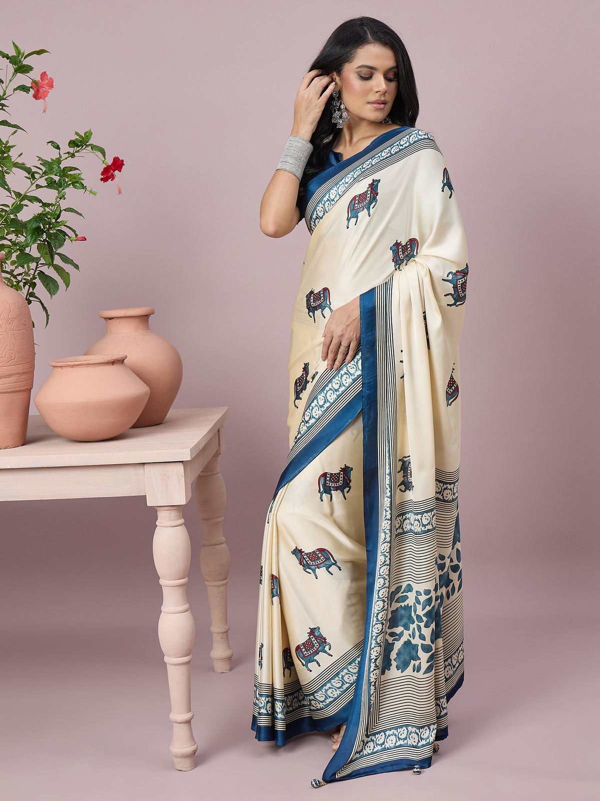 Off White satin saree view 4