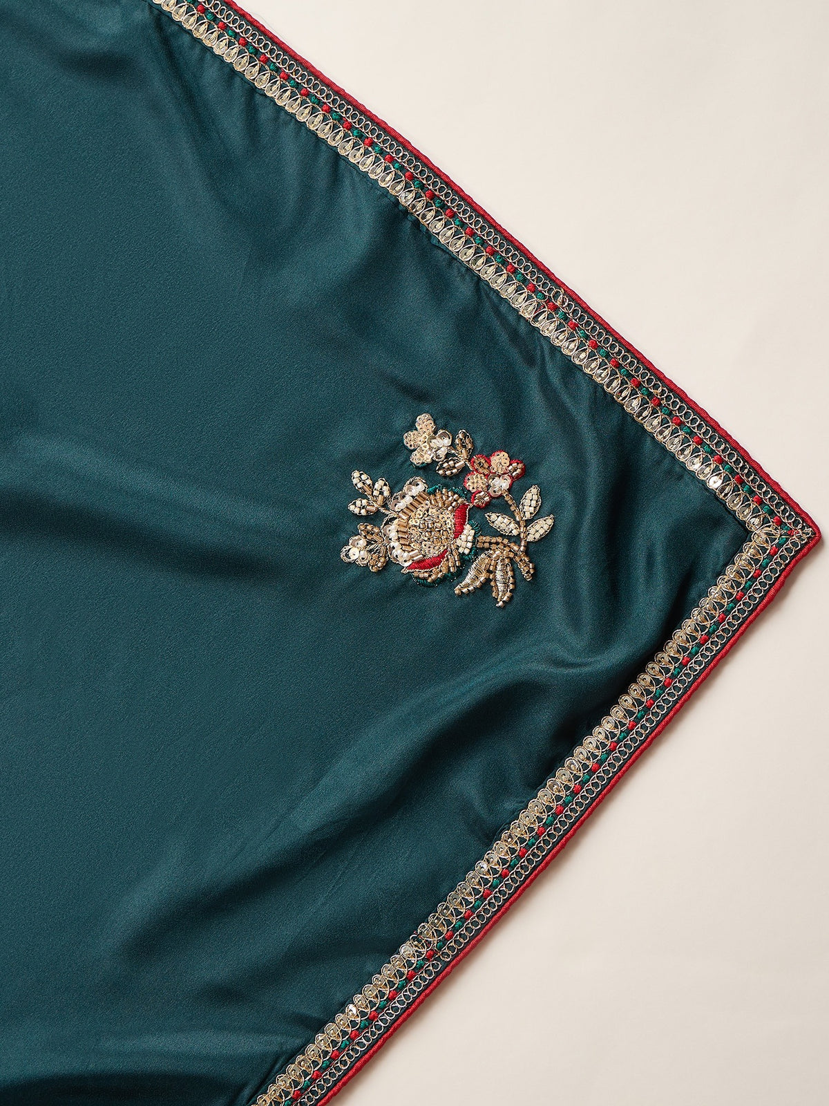Teal Green satin silk saree view 4