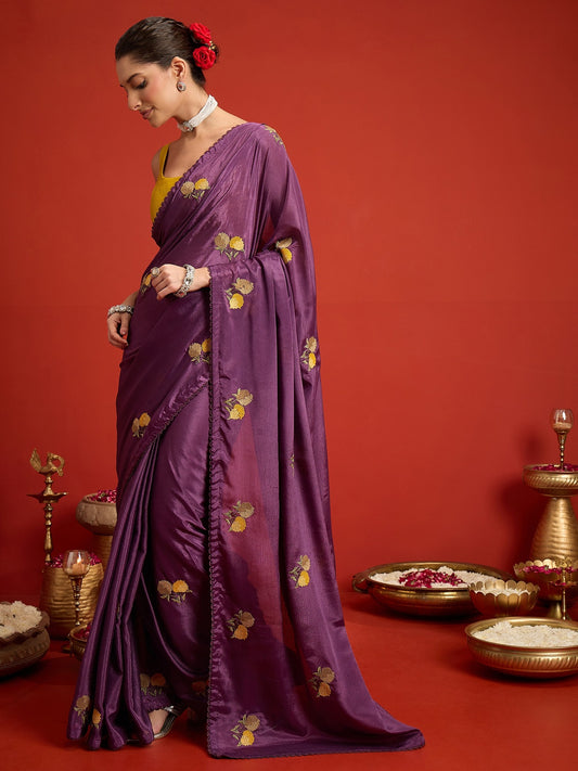Purple poly georgette saree view 1