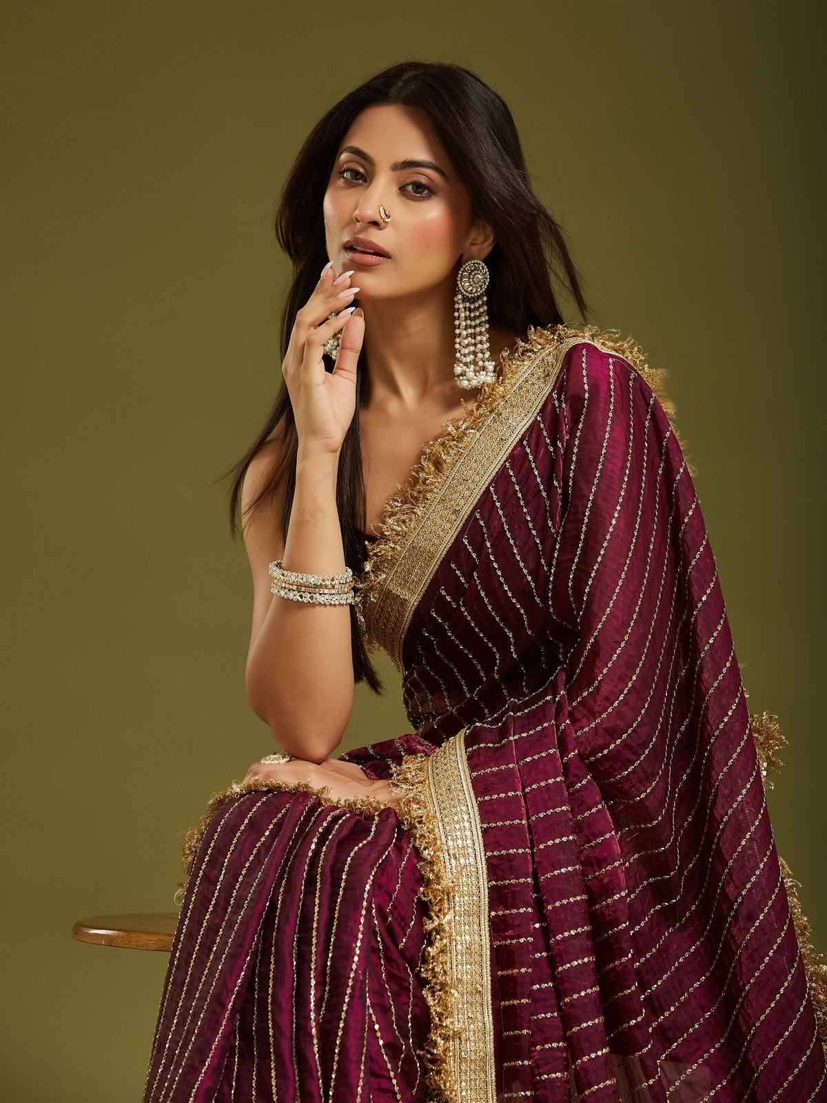 Wine Satin saree – detail view 3